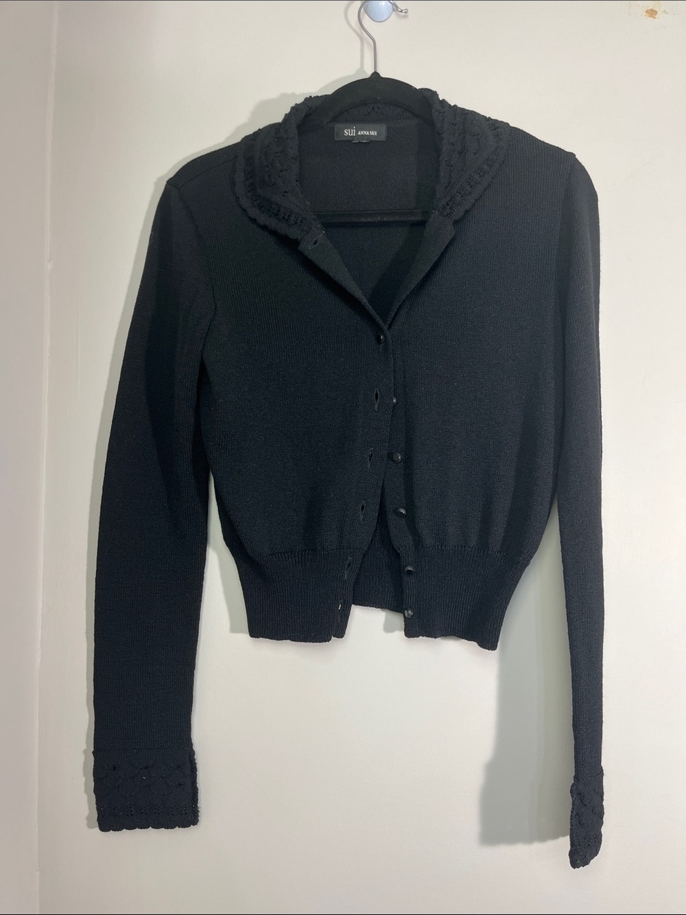 Anna Sui vintage Black Cropped Knit Cardigan with Textured Trim